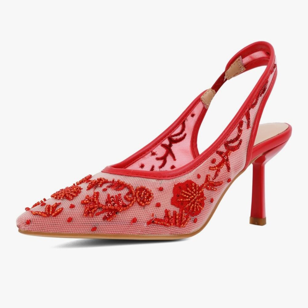 ZBOT red lace embroidered high heels